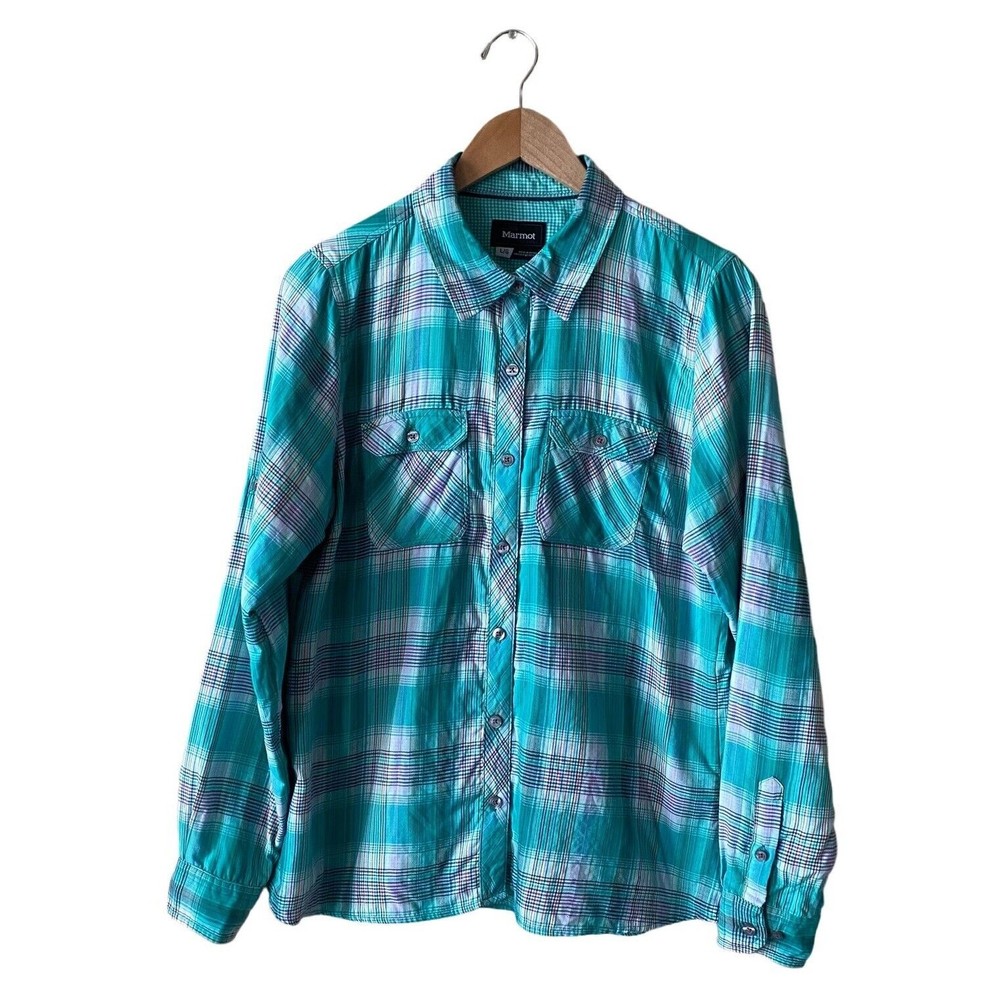 Marmot Button Up Plaid Flannel Shirt Women's Size Lg Teal Long Sleeve Western